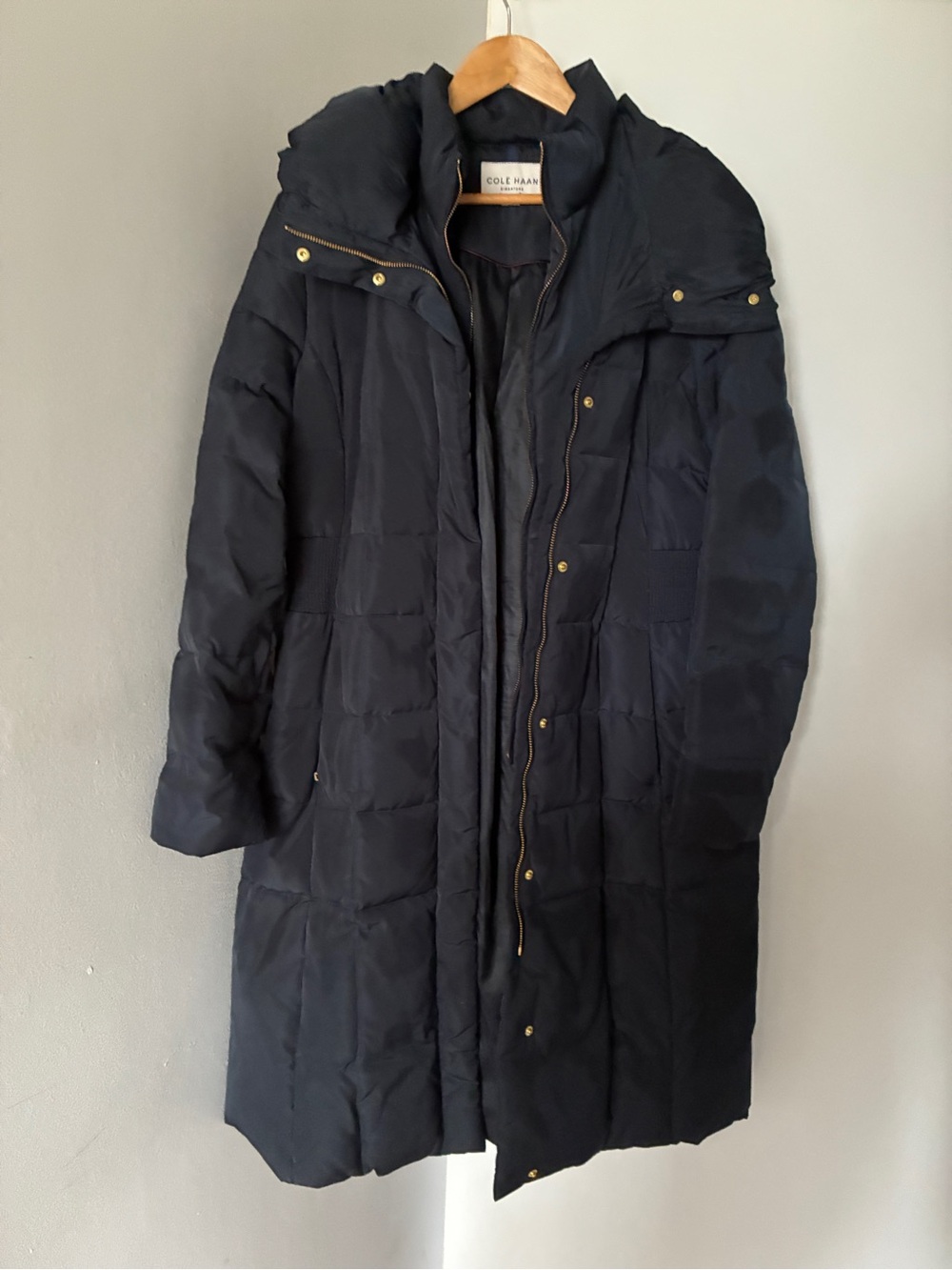 Cole Haan Navy Black Quilted Long Puffer Coat with Hood